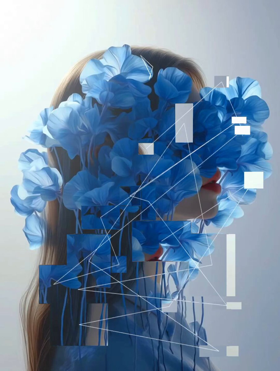 The image features a woman with long hair wearing blue flowers, which are arranged in an abstract manner that covers her face. The background of the photo appears to be white, providing contrast for the blue flowers. The caption "When the Flowers Remembered Her 1/1 - 0.1 ETH" suggests that this is likely a digital art piece or photograph taken by someone named Ethan.