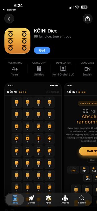 An iPhone App Store screenshot for 'KŌINI Dice' by Koin Global LLC, an app described as '99 fair dice, true entropy' with a 'Get' button.