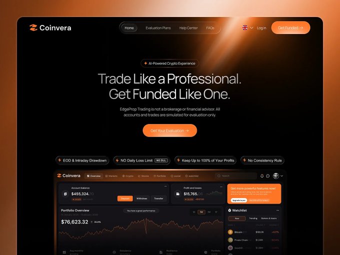 A website landing page for Coinvera, an AI-powered crypto prop trading platform, featuring the tagline "Trade Like a Professional. Get Funded Like One." and showing a dashboard with a $76,623.32 portfolio.