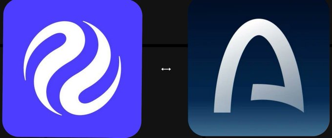 Two cryptocurrency logos side by side with a bidirectional arrow between them: a blue circular logo with an 'S' wave on the left and a dark blue 'A' shape on the right.