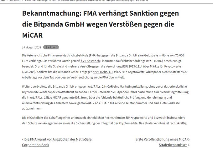 A German news announcement titled 'Bekanntmachung: FMA verhängt Sanktion gegen die Bitpanda GmbH wegen Verstößen gegen die MiCAR' dated 14. August 2026, detailing a €70,000 fine.