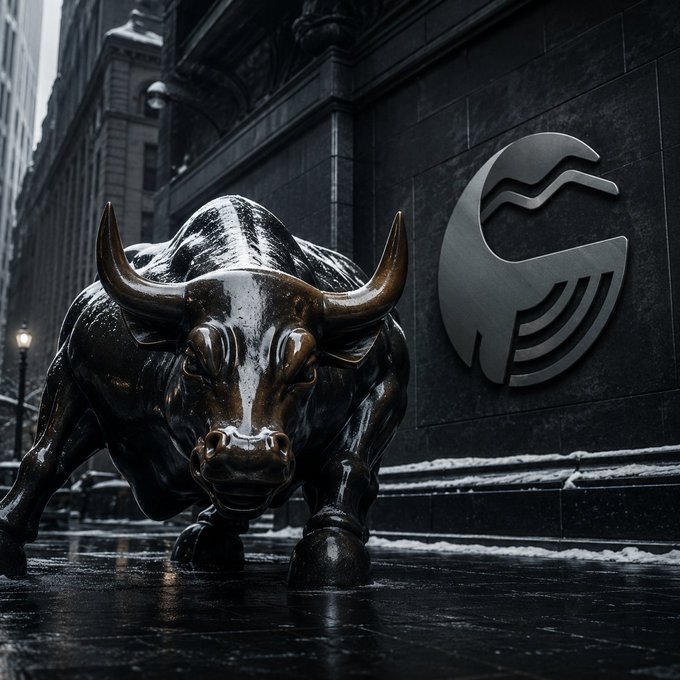 A bronze charging bull statue covered in snow stands in front of a dark stone building displaying a stylized metallic logo with curved wave lines, set in a wintry urban scene.