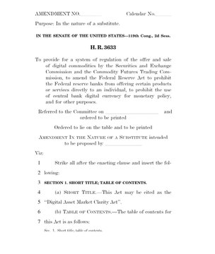 The image shows Senate Amendment H.R. 3633, titled the "Digital Asset Market Clarity Act," which proposes adding a new section titled "Digital Asset Market Clarity Act" to a subcommittee amendment regarding the regulation of digital commodities, the Securities and Exchange Commission, and the Commodity Futures Trading Commission. The document appears directly relevant to the accompanying post about Senator Thom Tillis announcing the Democrats will vote yes on the Bitcoin Clarity Act, as this is the legislative text being referenced for bipartisan crypto regulation efforts.