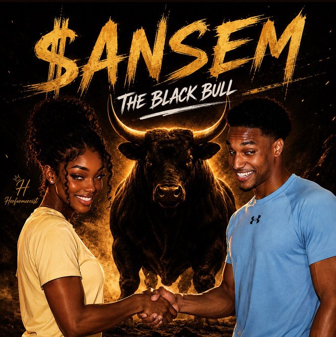 The image is a stylized promotional graphic featuring "$ANSEM - THE BLACK BULL" in bold gold text, depicting a man and woman shaking hands in front of a powerful black bull with glowing horns, symbolizing a confident investment partnership and the bullish energy behind the memecoin.