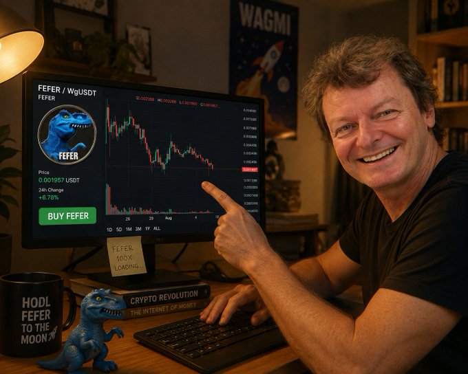 A man pointing at a computer monitor displaying a crypto trading chart for 'FEFER/WgUSDT' showing a price of 0.001957 USDT and a 'BUY FEFER' button, with a 'WAGMI' poster and a dinosaur figurine on his desk.