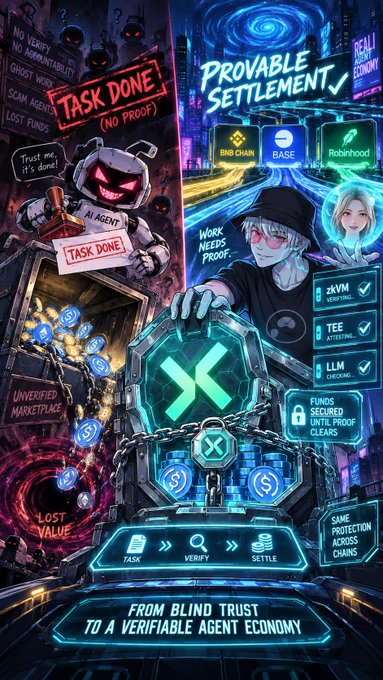 Futuristic marketing illustration titled 'FROM BLIND TRUST TO A VERIFIABLE AGENT ECONOMY' showing AI agents, an 'X' (X Layer?) verification shield, partnerships with BNB Chain, BASE, Robinhood, xVM, TEE, LLM, and steps TASK >> VERIFY >> SETTLE.
