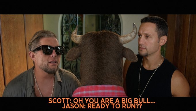 Two men, Scott and Jason, stand on either side of a bull in a humorous still from a film, with captions reading "SCOTT: OH YOU ARE A BIG BULL... JASON: READY TO RUN??"—visually playing on the "bull market" theme referenced in the promotional post about Scott Melker's live Bitcoin discussion.
