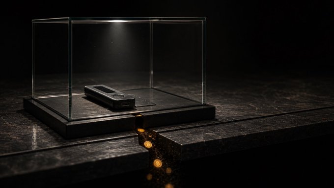A small black electronic device sits inside a clear glass display case on a dark marble surface, illuminated from above.