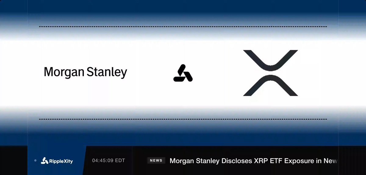 The image features a blue banner with white text that reads "Morgan Stanley Discloses $XRP ETF Exposure in New Filing". The banner also includes a logo for Morgan Stanley, which is a black triangle with a white "M" inside of it.
