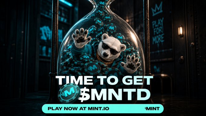 Promotional advertisement showing a panda wearing sunglasses inside a glass vessel filled with $MNTD tokens, with text "TIME TO GET $MNTD PLAY NOW AT MINT.IO" and crown logos.