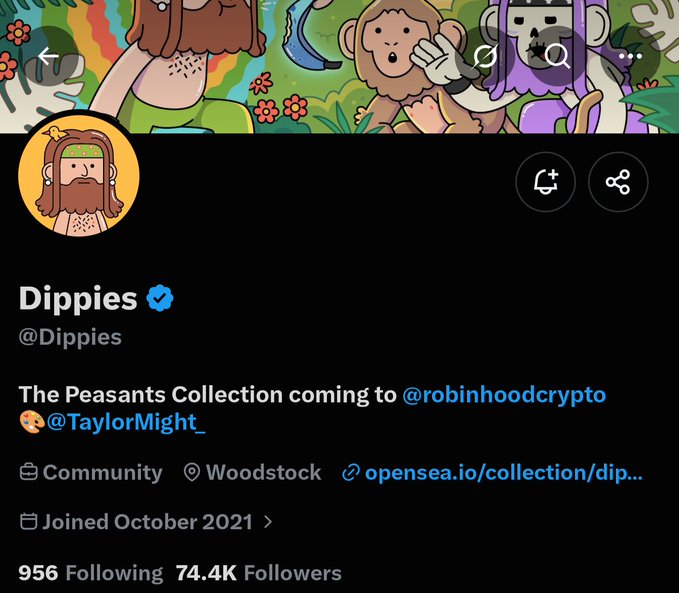 A Twitter/X profile page for "Dippies" (@Dippies), a verified NFT project with 74.4K followers, featuring colorful cartoon character artwork in the banner. The bio announces "The Peasants Collection coming to @robinhoodcrypto" with an OpenSea link, aligning with the post's update about The Peasants NFT launch details including whitelist pricing of 0.004Ξ, public sale at 0.005Ξ, and a supply of 3,333 on OpenSea.