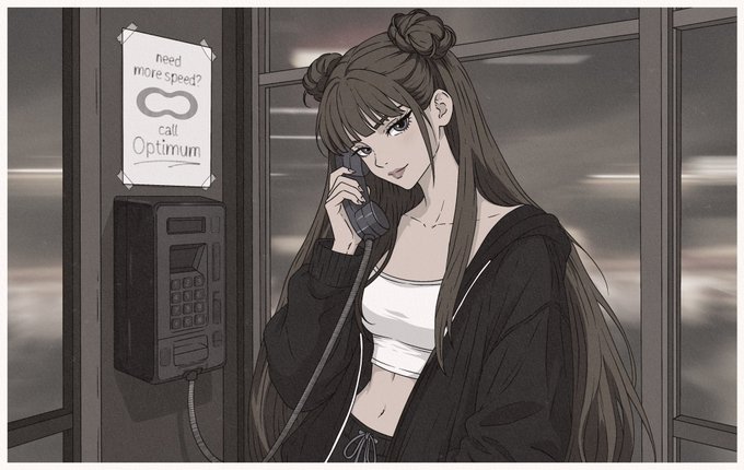 The image features a woman with long hair who is talking into a telephone booth while wearing a black jacket, which adds an interesting contrast to her appearance. The phone booth she's standing next to has an "@get_optimum" sign on it, indicating that this particular location is related to some form of digital service or content being optimized for users. It seems like the woman might be in conversation with someone about a specific topic related to the "@get_optimum" promotion or discussing her recent experience using the service.