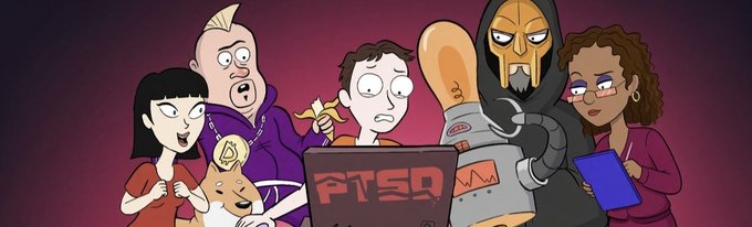 An animated illustration featuring a diverse group of characters, including a punk, a man with a dog, a ninja-like figure, and others, gathered around a computer displaying the text 'PTSDo'.