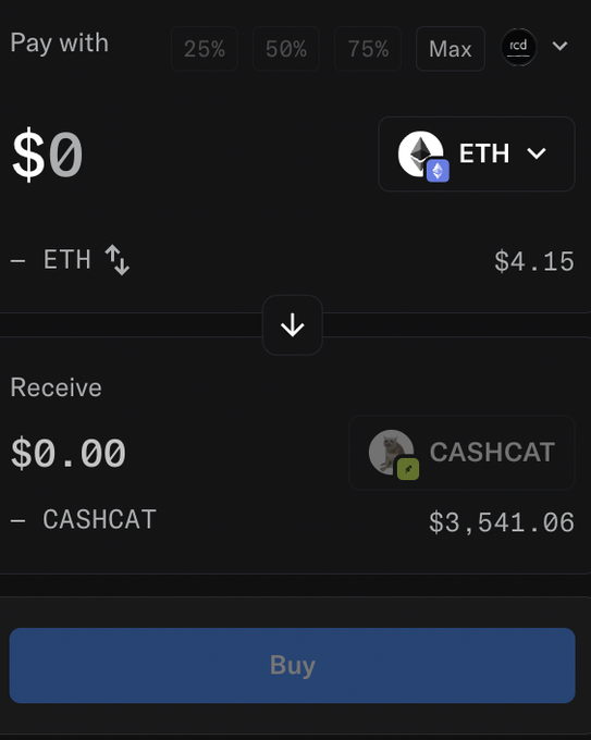 A dark-themed crypto swap interface showing a transaction to buy $0.00 of CASHCAT token with ETH at a rate of $3,541.06 per token, with a 'Buy' button at the bottom.