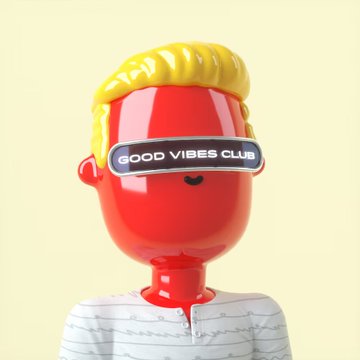 A glossy red and yellow 3D-rendered character wears futuristic white sunglasses displaying the text "GOOD VIBES CLUB," paired with a striped shirt, visually representing the NFT project's playful brand identity highlighted in the accompanying post about purchasing two @goodvibesclub NFTs.