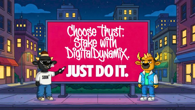 A cartoon billboard ad in a nighttime cityscape reads "Choose Trust. Stake with DigitalDynamiX. JUST DO IT." featuring two anthropomorphic mascot characters, one wearing a "SOON" shirt and the other in a varsity jacket.