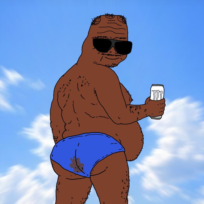 The image shows a stylized cartoon figure with a muscular build, wearing dark sunglasses, blue briefs, and holding a beer can, set against a blue sky with clouds. The post humorously compares how various crypto influencers (CZ, Cobie, and the Sol foundation) can dramatically boost a coin's market cap with minimal effort, while the figure's look—particularly the soiled briefs—suggests the "shitter" coin (Burnie Senders) is the low-effort, embarrassing contribution among the group.