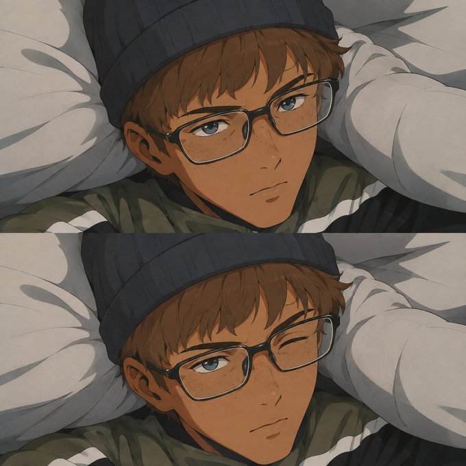 A two-panel anime-style illustration features a young man with glasses, freckles, and a beanie, lying on a pillow and winking in the bottom panel.