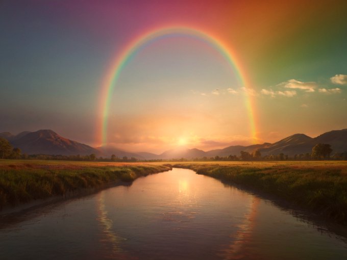 A scenic landscape features a river flowing through grassy fields towards distant mountains, illuminated by a vibrant rainbow arching across a colorful sunset sky.