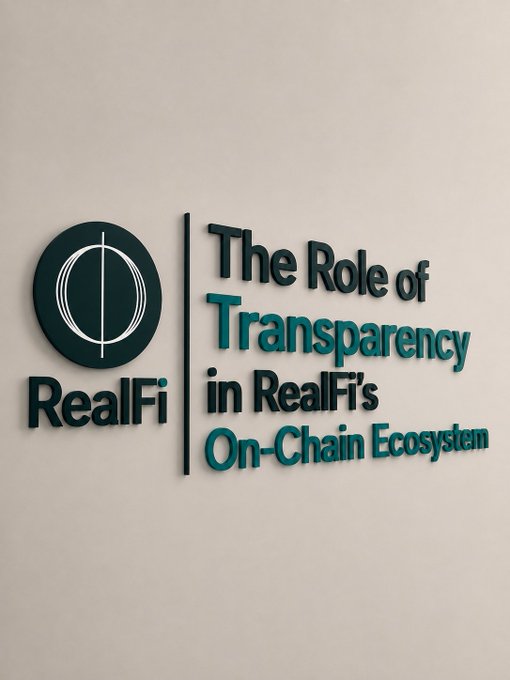 The image displays a promotional graphic for RealFi featuring its logo and the text "The Role of Transparency in RealFi's On-Chain Ecosystem," complementing the post's message about transparency serving as the foundation of trust within RealFi's on-chain financial ecosystem.