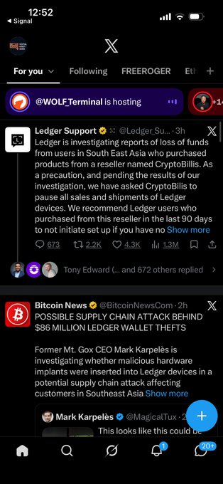 A Twitter/X feed screenshot showing posts from Ledger Support and Bitcoin News discussing an investigation into a $6 million loss involving CryptoBilis and potential supply chain attacks on Ledger wallets in Southeast Asia.