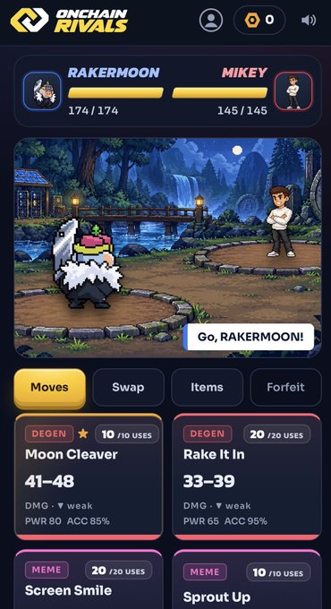 A screenshot of the Onchain Rivals mobile game showing a battle between characters 'Raker Moon' and 'Mikey,' with a move menu displaying attacks like 'Moon Cleaver' and 'Rake It In.'