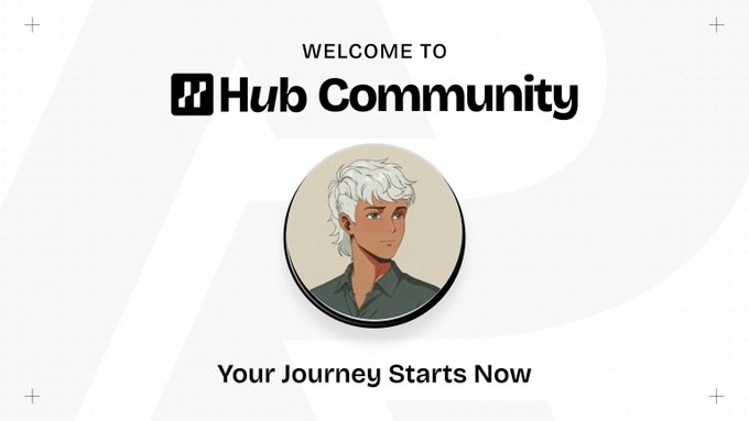 A welcome screen for Hub Community featuring a circular avatar of an anime-style character with white hair and brown skin, with the tagline 'Your Journey Starts Now'.
