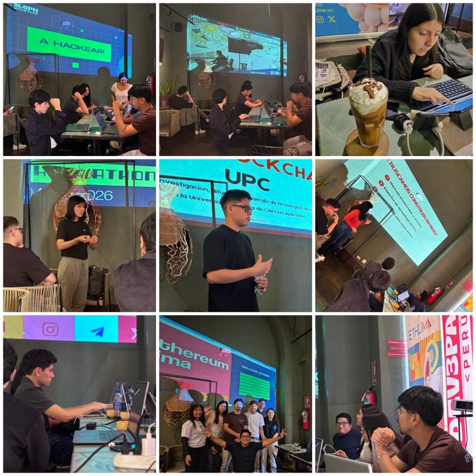 A collage of photos from what appears to be a hackathon event, showing participants working on laptops, giving presentations on stages with screens displaying 'HACKEARTH', 'UPC', and group photos.