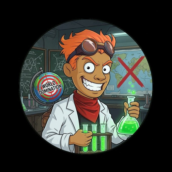 A cartoonish mad scientist with fiery orange hair and goggles grins maniacally while holding a flask and test tubes filled with green liquid, standing before a world map marked with a large red "X." A "WORLD DOMINATION" target appears behind him, fitting the post's theme of scheming plans for global financial control by NPCs and Mineboys, tied to the ticker $DERP.