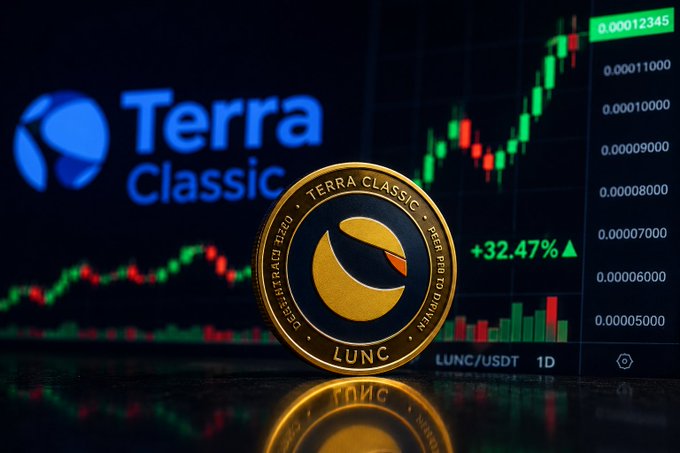A gold Terra Classic (LUNC) coin displayed against a trading chart showing a +32.47% gain on the LUNC/USDT pair.