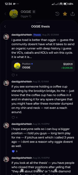 The image shows a screenshot of an X (Twitter) thread on OGGIE thesis page, displaying user @davidgokhshtein's posts critiquing the OGGIE community and threatening to sell his position, with OGGIE priced at $3,101.11 (+$1,098.38). The posts relate to the accompanying commentary by criticizing Gokhshtein for blaming the community rather than addressing his own shortcomings, while positioning @theunipcs as a more credible advocate for pushing $OGGIE higher.
