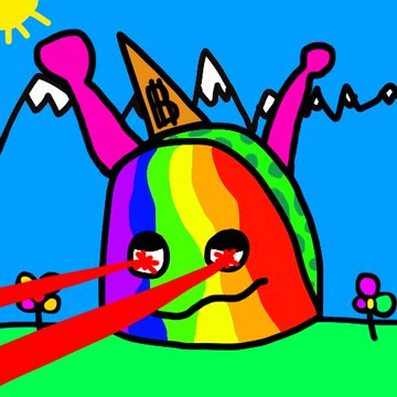A colorful, childlike drawing of a rainbow-colored character with pink limbs, a small brown wizard hat with a Bitcoin 'B' logo, and red laser beams shooting from its eyes against a blue background with flowers.
