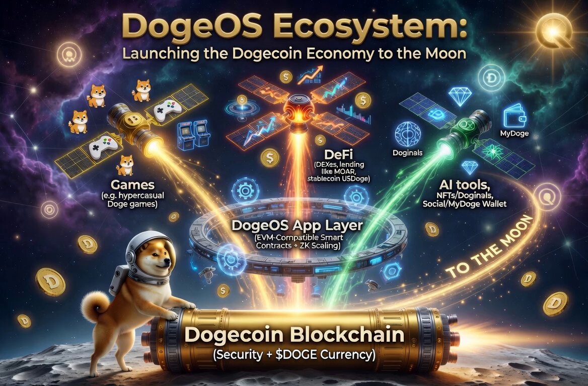 1. Base layer: The secure foundation, holding the Dogecoin. This layer includes a security wallet for users who want their coins safely stored.
 2. @DogeOS: The base layer runs the apps efficiently. It hosts several popular applications that run on the blockchain, enabling developers to build and test applications on this platform. 
 3. Ecosystem Apps: Users and developers create, play, trade, and collaborate in these application layers using the Dogeos protocol. This layer is where you can find platforms for trading cryptocurrencies such as Bitcoin or Ethereum and tools for creating and managing decentralized networks like Ethereum nodes. The image also features a cute dog standing on the base layer of the DogeOS ecosystem diagram.