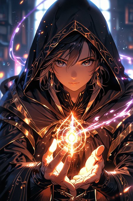 A hooded figure with glowing amber eyes holds a luminous magical rune between their palms in a library-like setting, with intricate gold-embroidered dark robes and arcane energy crackling around them.