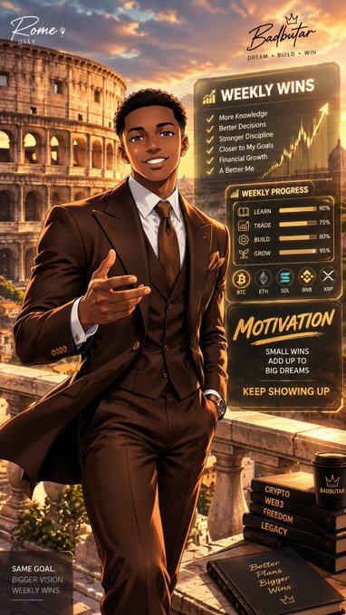 An illustrated 'Baobular' motivational poster showing a man in a brown suit in front of the Colosseum, with stats for 'Weekly Wins' and 'Weekly Progress'.