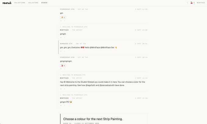 Screenshot of the MintFace website showing a chat log with messages exchanged between users regarding tips and replies, along with a poll asking 'Choose a colour for the next Strip Painting.'