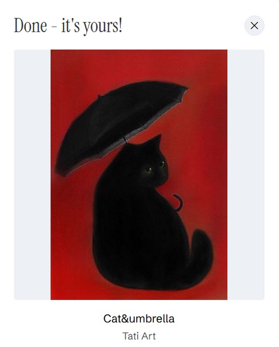 A striking digital artwork titled "Cat&umbrella" by Tati Art features a black cat holding a black umbrella against a bold red background, displayed after collection on objkt.com.