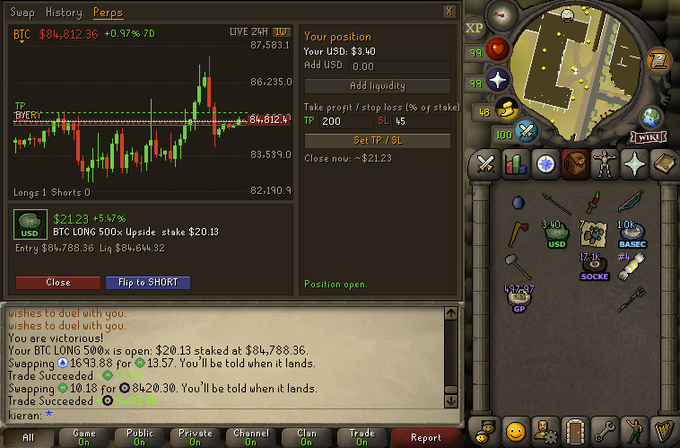 A RuneScape game interface shows a BTC LONG 500x position with entry at $84,788.36 and stake of $20.13, alongside a Bitcoin price chart displaying BTC $84,212.36 +0.97% 7D, and chat messages confirming a successful trade.