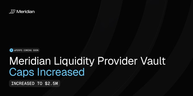 A Meridian announcement graphic with a black background featuring the Meridian logo, highlighting that the "Meridian Liquidity Provider Vault Caps Increased" to $2.5M, with an "#PERPS COMING SOON" tag at the top. The image reinforces the post's message that the MLP Vault has reached its $2.5M cap ahead of the mPerps launch next week.