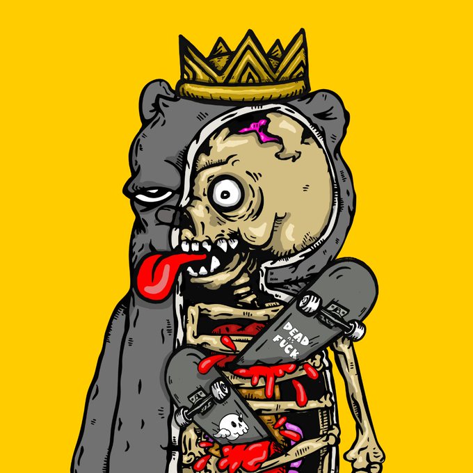 A stylized illustration of a skeletal figure wearing a gold crown and a gray bear hooded costume, with a long red tongue and holding skateboards, one marked 'DEAD FUCK' against a bright yellow background.