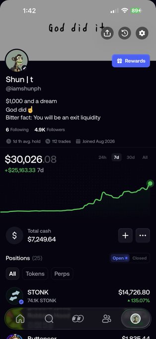 A screenshot of a trading account shows a 7-day balance of $30,026.08, up $25,163.33, with the top position being 74.1K $TONK at $14,726.80. The user, "Shun | t" (@iamshunph), has a bio reading "$1,000 and a dream. God did it," aligning with the promotional post about their trading success on fomo.