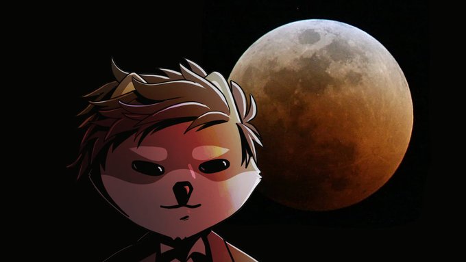 A stylized cartoon character with spiky brown hair and a nose resembling a dog's snout stands in front of a large, reddish-orange moon glowing against a dark night sky. The image's moon color and character's prominent, Mars-like nose tie into the post's theme of "Red moon tonight" and "Signs of Mars."