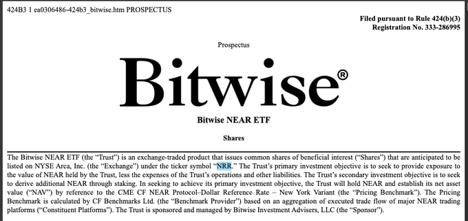 The cover page of a 'Bitwise NEAR ETF' Prospectus filed with the SEC, describing an exchange-traded product seeking exposure to the price of NEAR.
