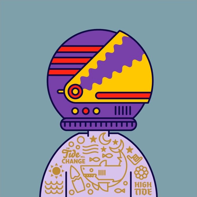 A stylized graphic illustration of a purple and yellow futuristic helmet above a dome containing nautical symbols, waves, and the text 'THE TIDE WILL CHANGE' and 'HIGH TIDE'.