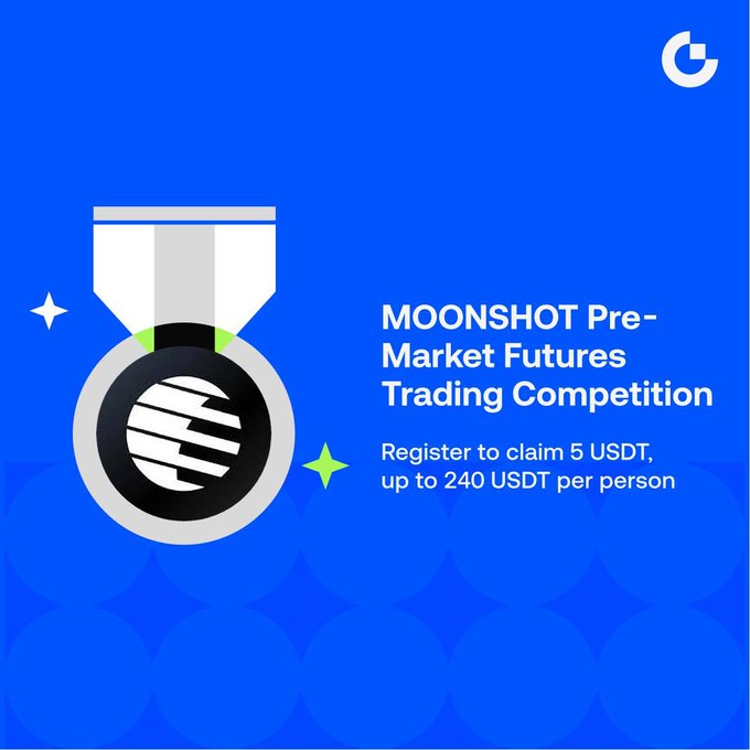 A promotional graphic on a blue background features a silver medal illustration alongside text announcing the "MOONSHOT Pre-Market Futures Trading Competition," inviting users to "Register to claim 5 USDT, up to 240 USDT per person," which aligns with the post's details about sign-up rewards and trading bonuses.
