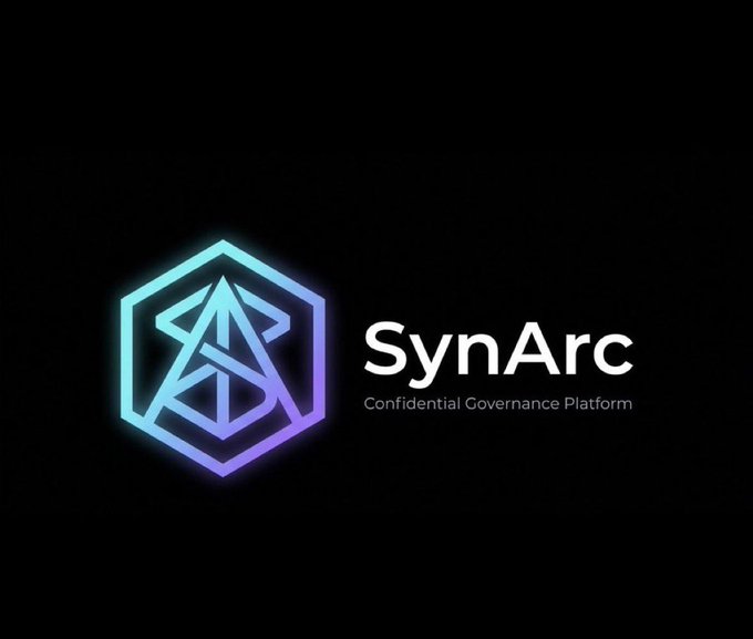 The image features a logo for a company called SynARC. The logo consists of a hexagon with an arrow pointing upwards inside it, surrounded by blue and purple lights that create a glowing effect. Below the logo, there's text that reads "SynARC" followed by "Confidential Governance Platform". This suggests that the company is focused on developing secure and transparent systems for managing governance and data privacy.