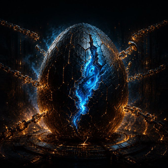 A dramatic digital artwork of a dark, cracked egg-like sphere bound by glowing orange chains, with a bright blue, eye-like fissure glowing from its center.