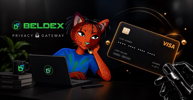 A promotional graphic for 'BELDEX' featuring the tagline 'PRIVACY GATEWAY,' showing an anthropomorphic red leopard character wearing a blue shirt working at a laptop, alongside a black 'BELDEX' branded Visa Express credit card held by a robotic hand.