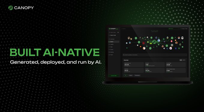 A Canopy (CNPYNetwork) promotional banner with the tagline "BUILT AI-NATIVE — Generated, deployed, and run by AI" alongside a laptop displaying the platform's dashboard with a node network visualization and deployment metrics, reinforcing the post's message about reliable AI-driven infrastructure that lets developers focus on creation.