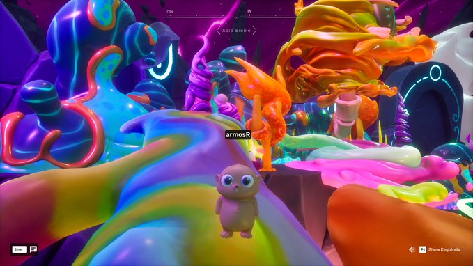 The image features a cartoon character, possibly a small brown animal or a human-like figure, standing in front of a colorful landscape with various elements such as lava, trees, and other fantastical creatures. The character appears to be facing away from the camera while looking at it. The background is filled with vibrant colors that create an immersive and visually appealing environment for the cartoon character.